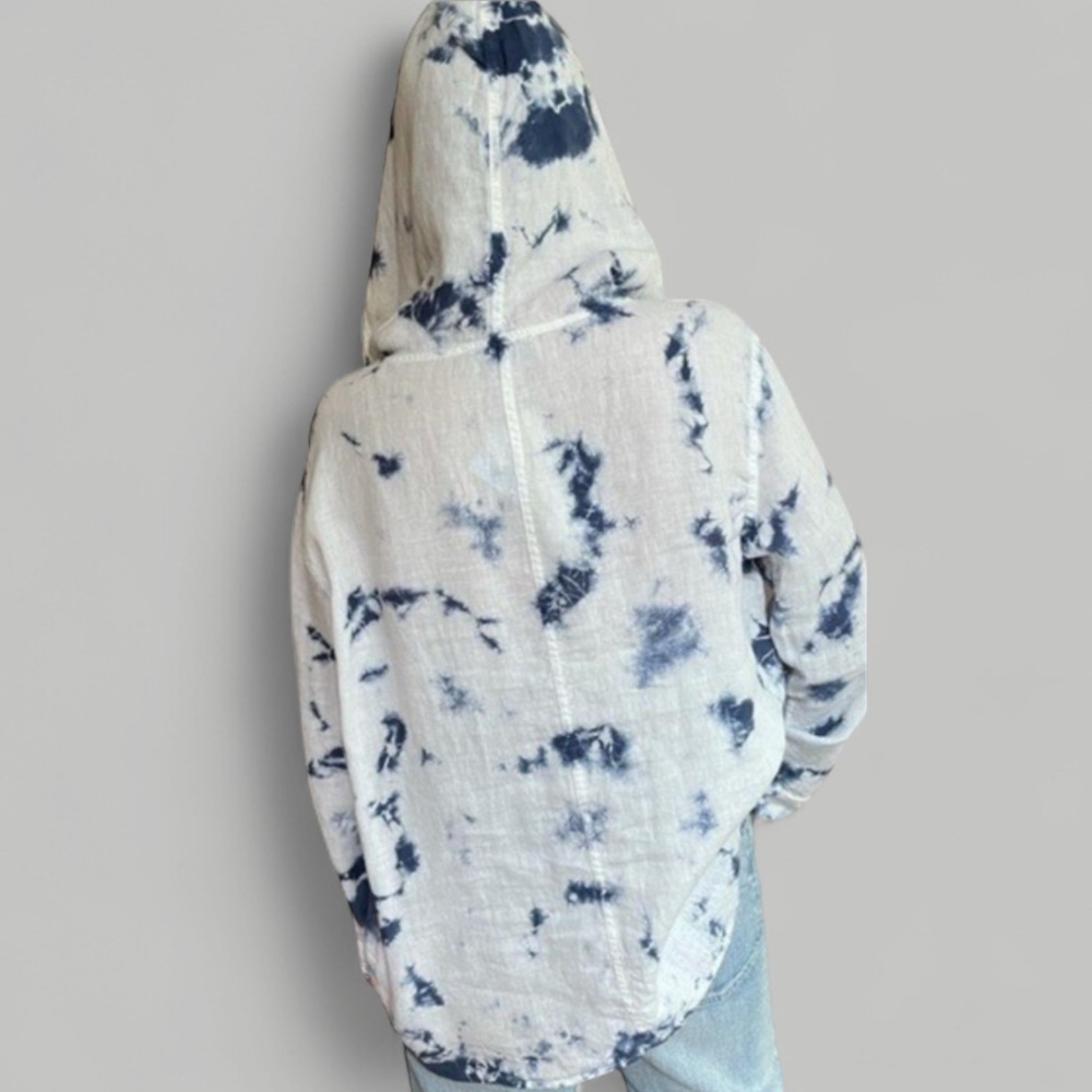 Rachel Zoe Linen Tie-Dye Hooded Button Up Women's Top - Blue and White - Size L - Picture 2 of 11